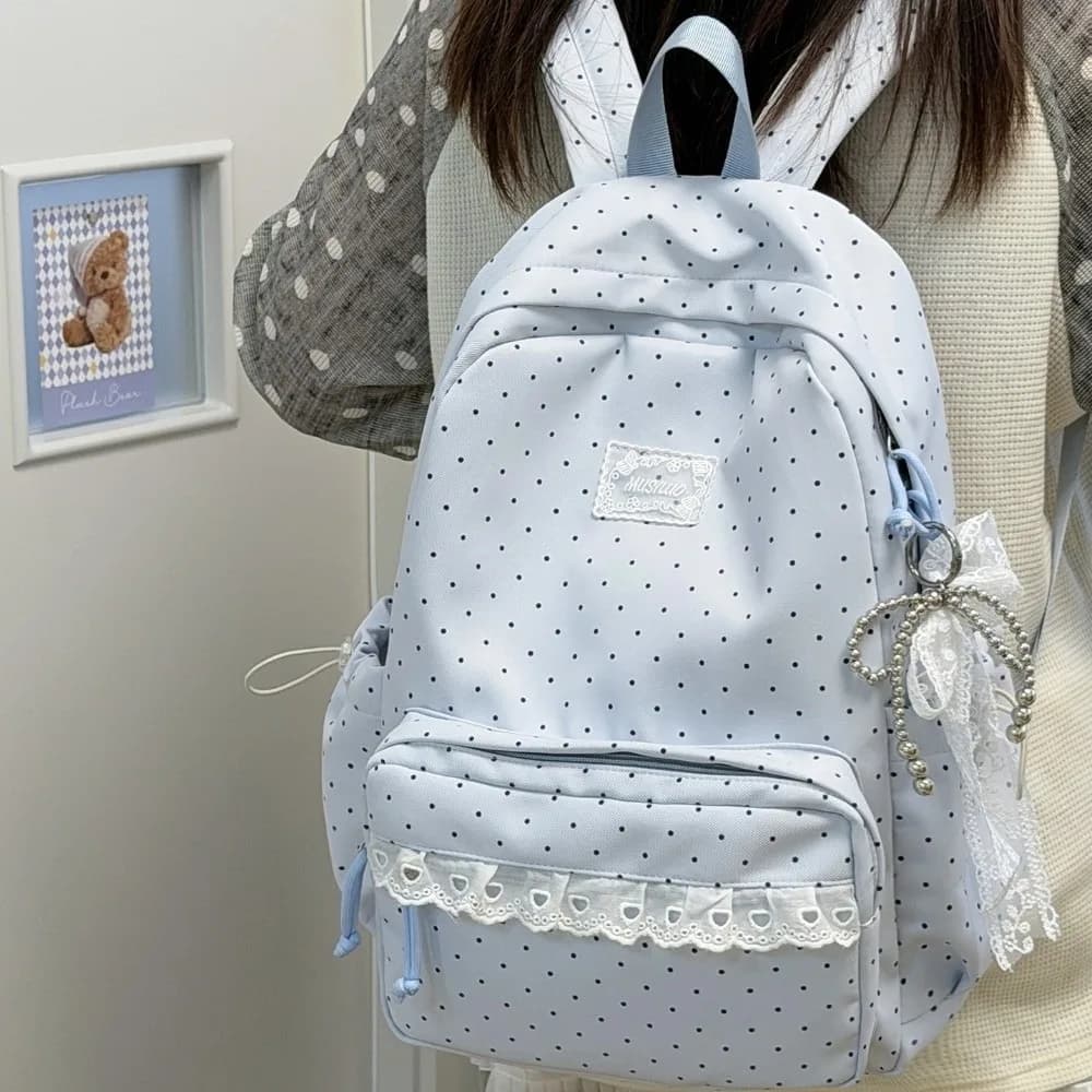 Cute Polka Dot Travel Backpack with Lace Large Capacity Student Schoolbag Multi-pocket Nylon Laptop Daypack