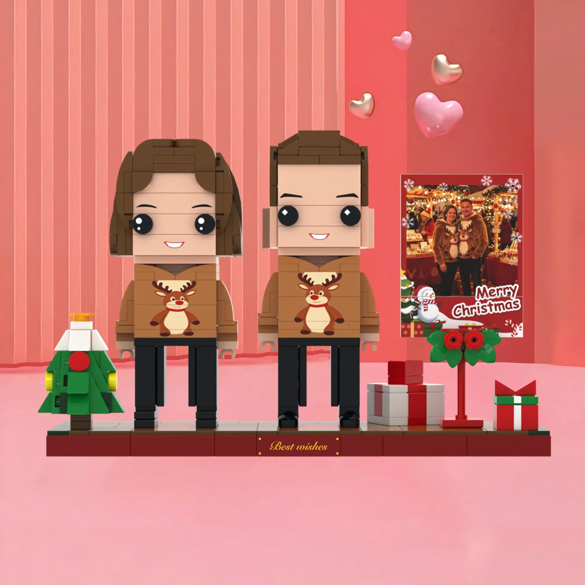 Figure di Mattoncini Natalizi per Coppie con Albero e Scatola Regalo, Blocchi Fotografici Personalizzati, Giocattolo in Mattoncini per Ricordo Natalizio