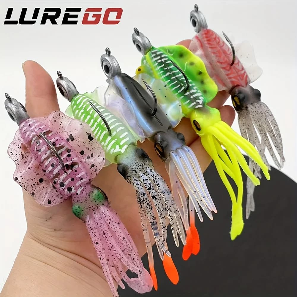 Jig baits for ultra realistic squid 1/5 pieces with weighted lead head and realistic tentacles | Multicolor Freshwater Fishing Kit