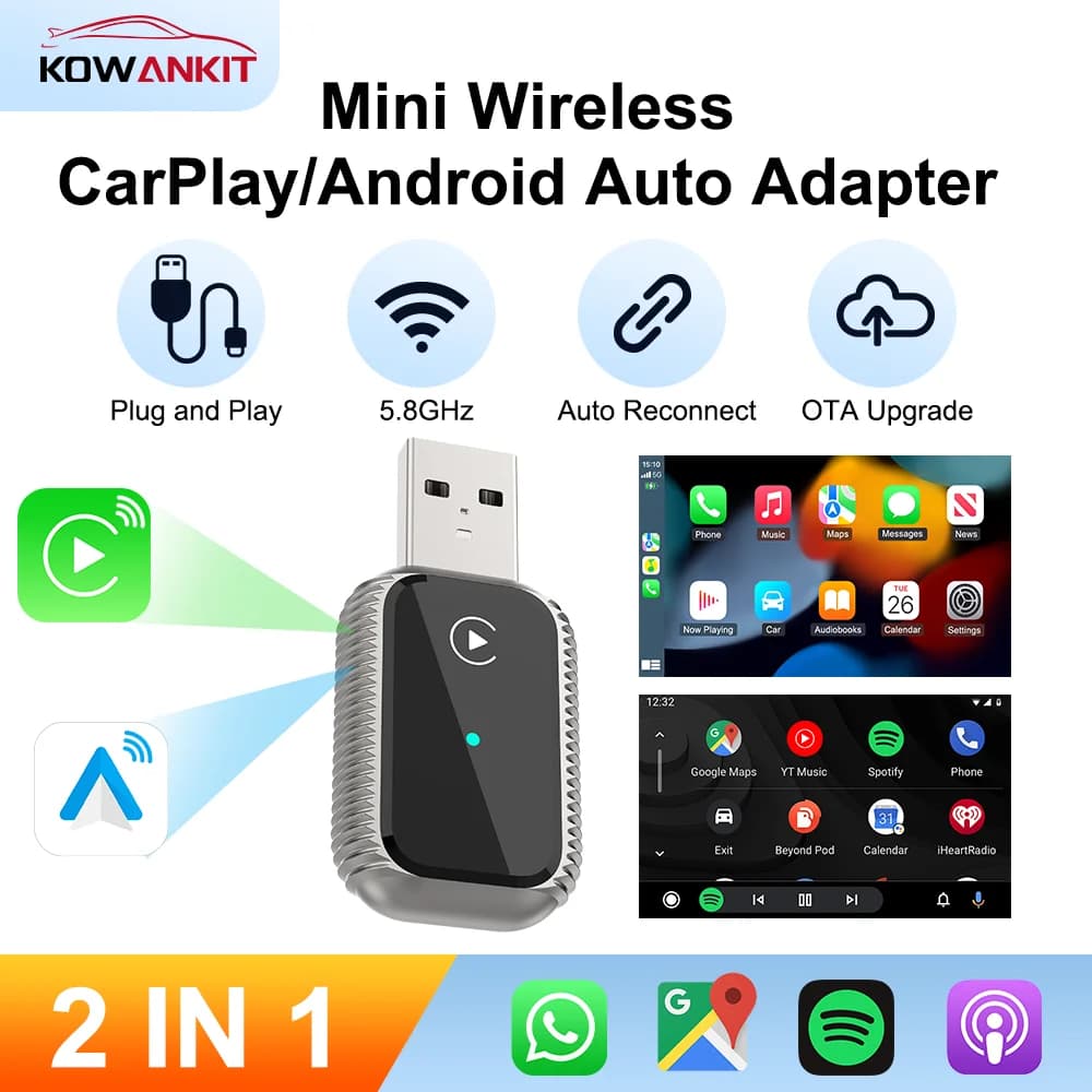 Dongle Wireless Carplay KowanKit 2026, Adapter Android Auto 2 in 1, Plug & Play, Mini Box Smart USB for Car with Bluetooth