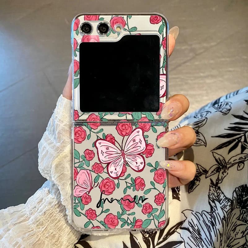 Custodia per telefono con motivo fiori rosa per Samsung Galaxy Z Flip7 FE Flip5 Flip6 Cover per PC pieghevole trasparente per Samsung Z Flip 7 6 5 4 3 5G
