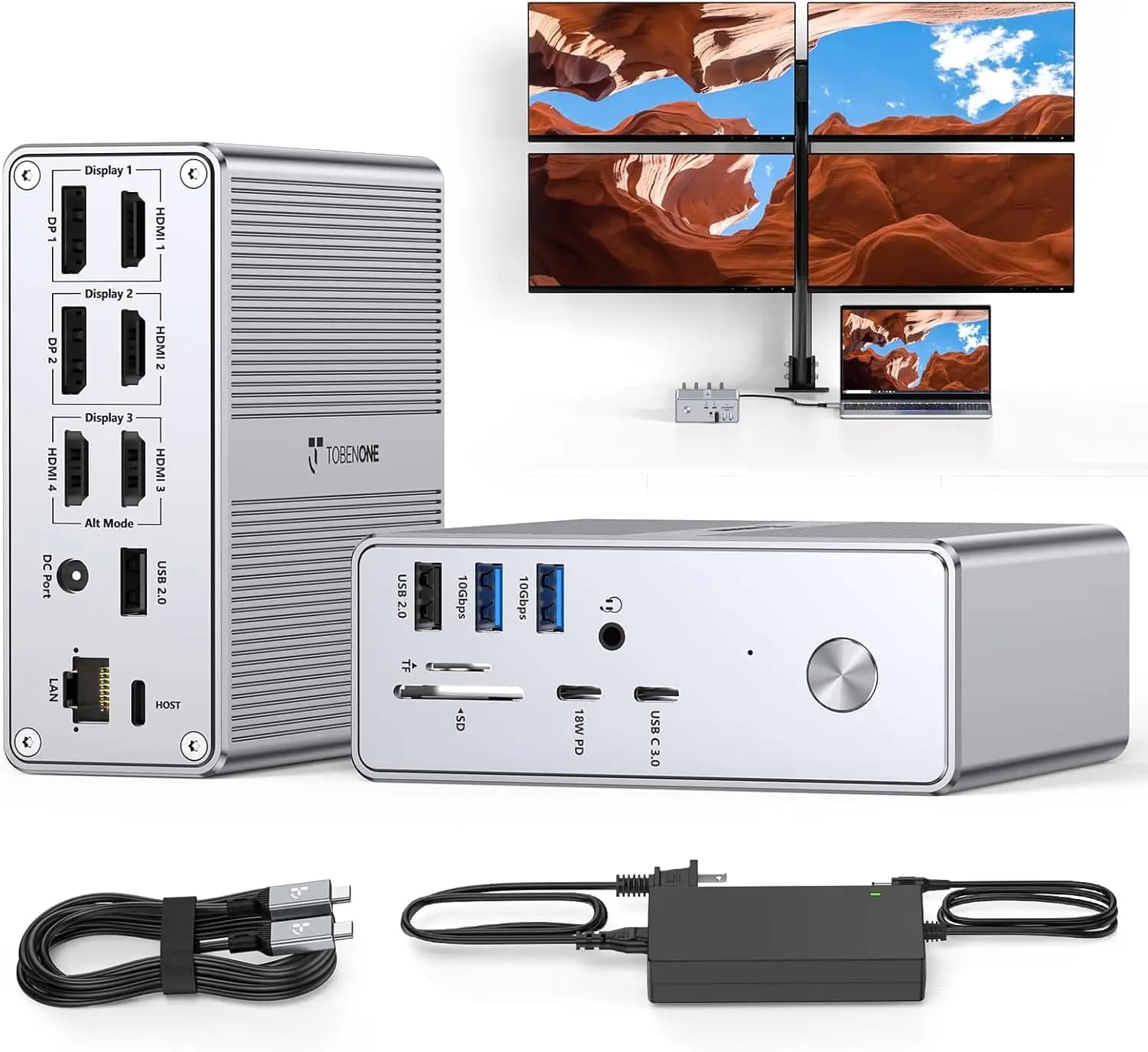 Docking Station per Quattro Monitor con 4 HDMI, Dock DisplayLink 18-in-1, Caricatore da 120W per Laptop Thunderbolt/USB-C