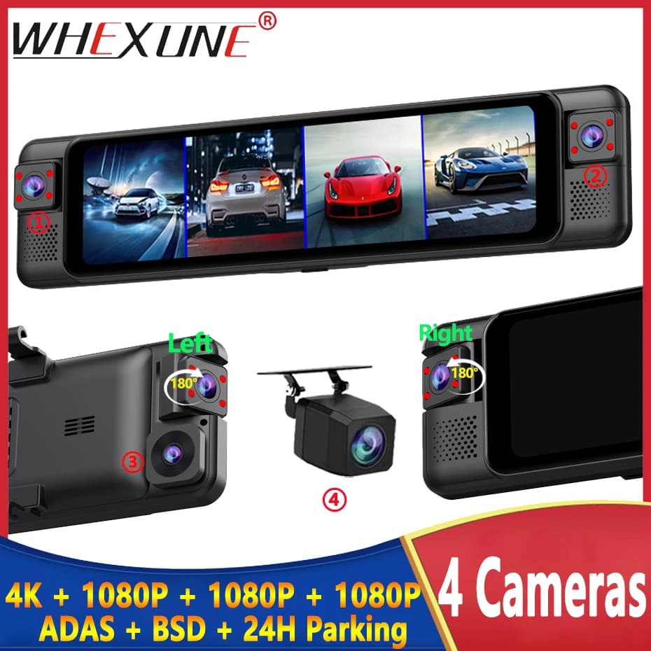 Dash Cam 4 channel 11 inch 360 ° 4K + 1K + 1K + 1K WIFI Retrovisor mirror DVR ADAS BSD Night vision 24 hours Parking monitor