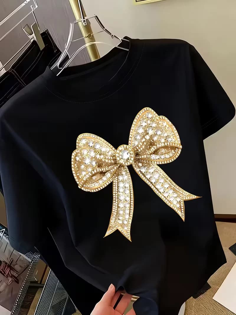 T-shirt da donna Y2K con stampa a fiocco | Maglietta a maniche corte con scollo rotondo e motivo decorativo scintillante, top casual primavera/estate