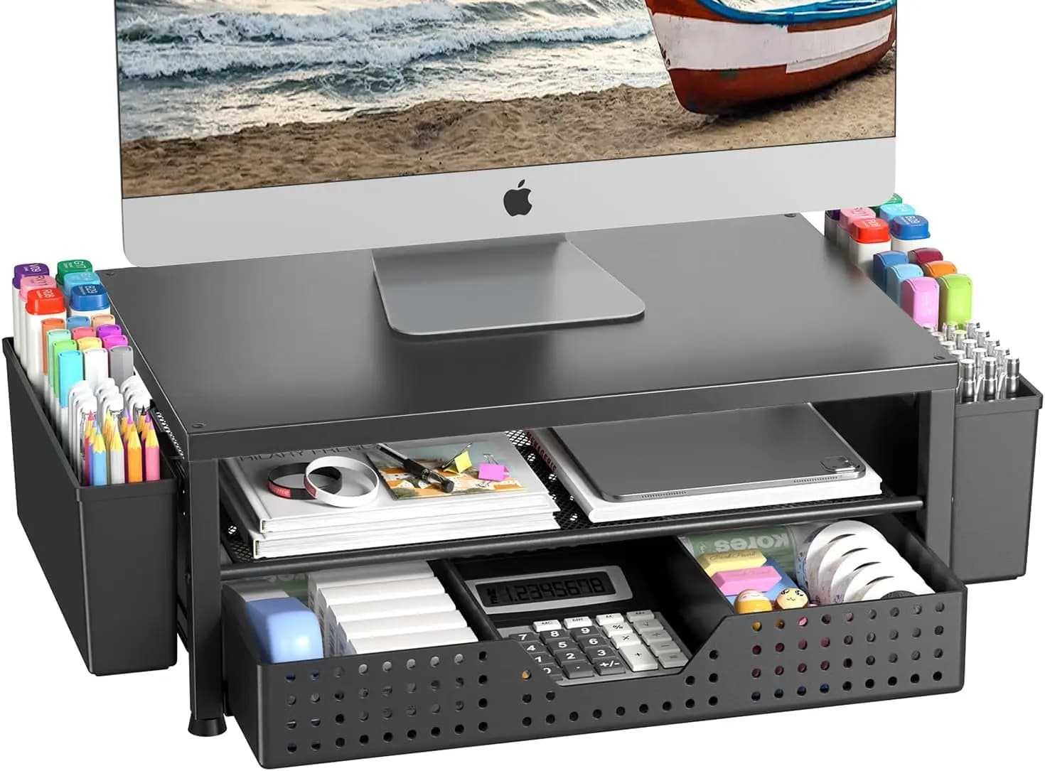 Support for Wood Monitor with Drawer and Laptop, Ergonomic Laptop Real for Desk Organization