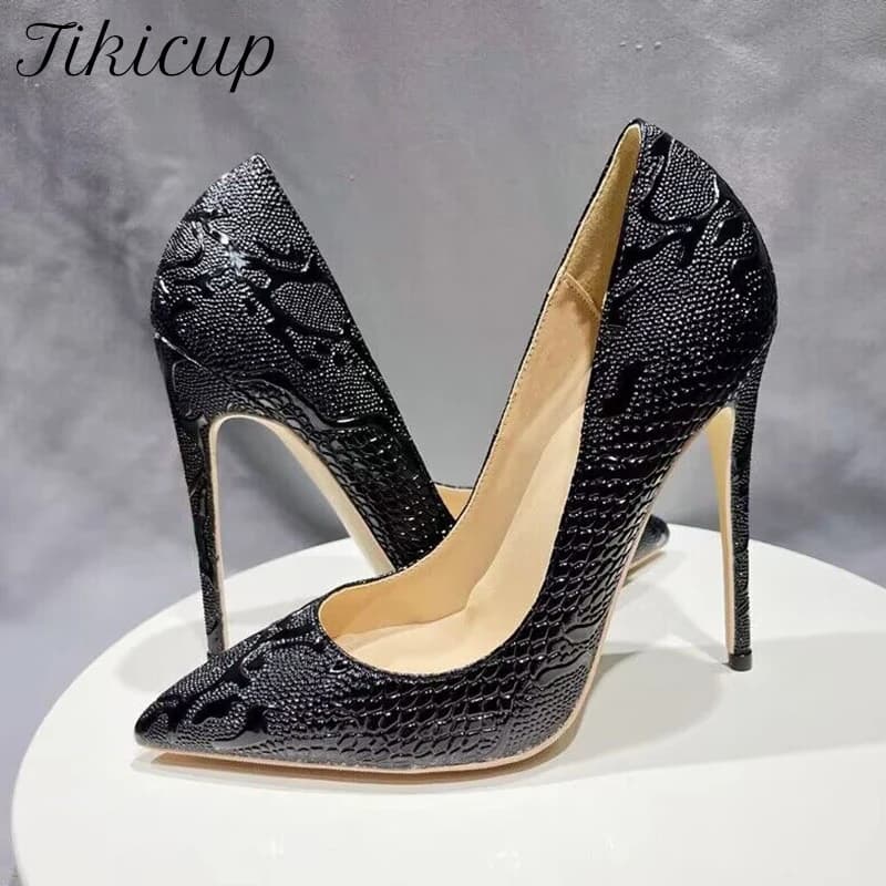 Tikicup nero goffrato coccodrillo donne Sexy punta a punta scarpe tacco alto Slip On Dress Stiletto pompe personalizzate Plus Size 33-46