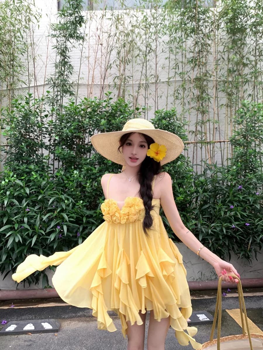 Summer Floral Halter Dress Women's Gentle Loose A-Line Skirt Yellow Skirt Commute Style Soft Fabric No Elasticity