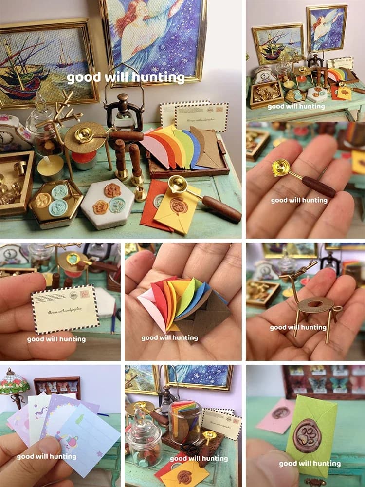 Busta in miniatura per casa delle bambole sigillo antincendio Mini busta di carta per lettere Mini grano di cera Mini sigillo per libri a mano decorazione per casa delle bambole in cera
