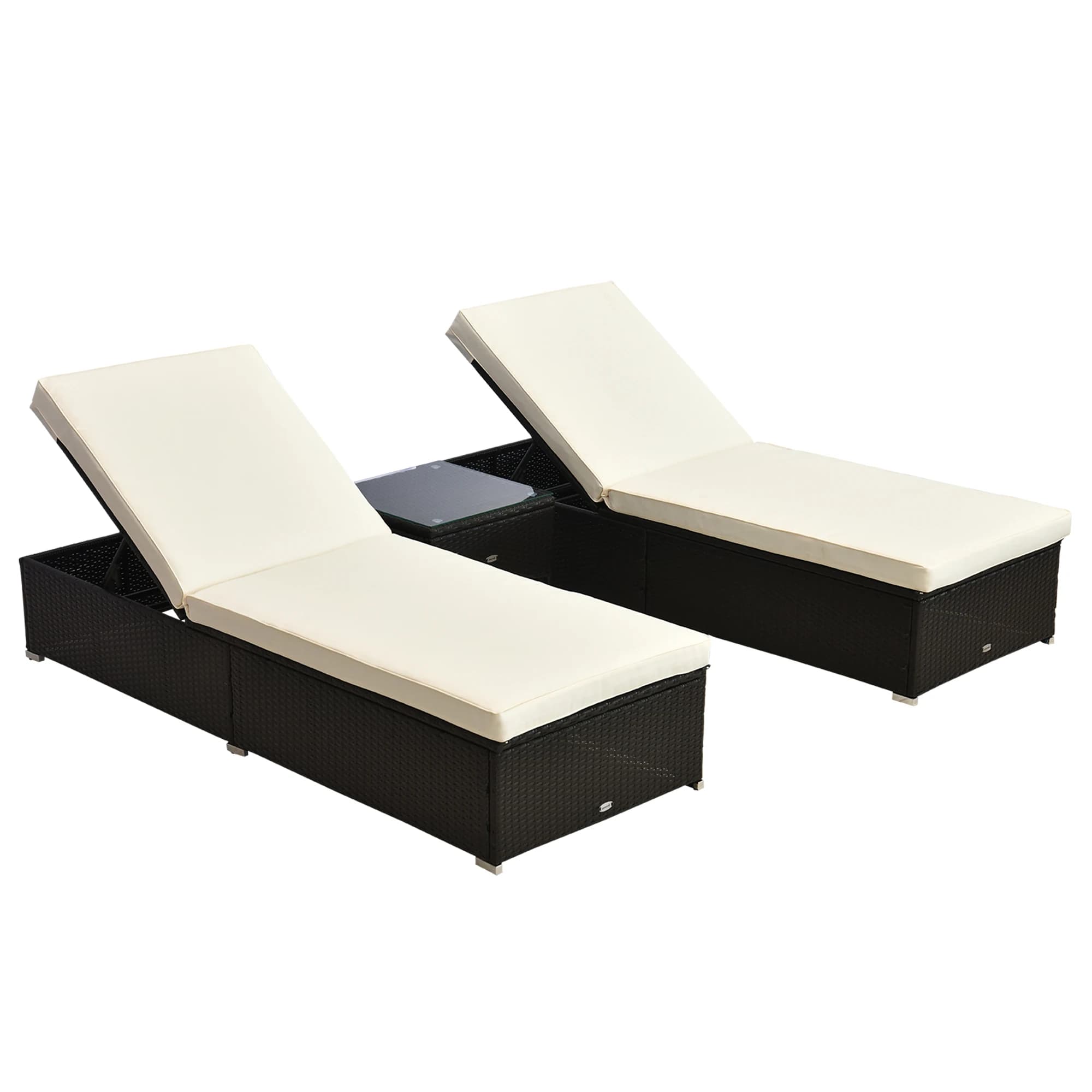 Set of 3 outdoor chairs in PE wicker with thick pillows and table, white