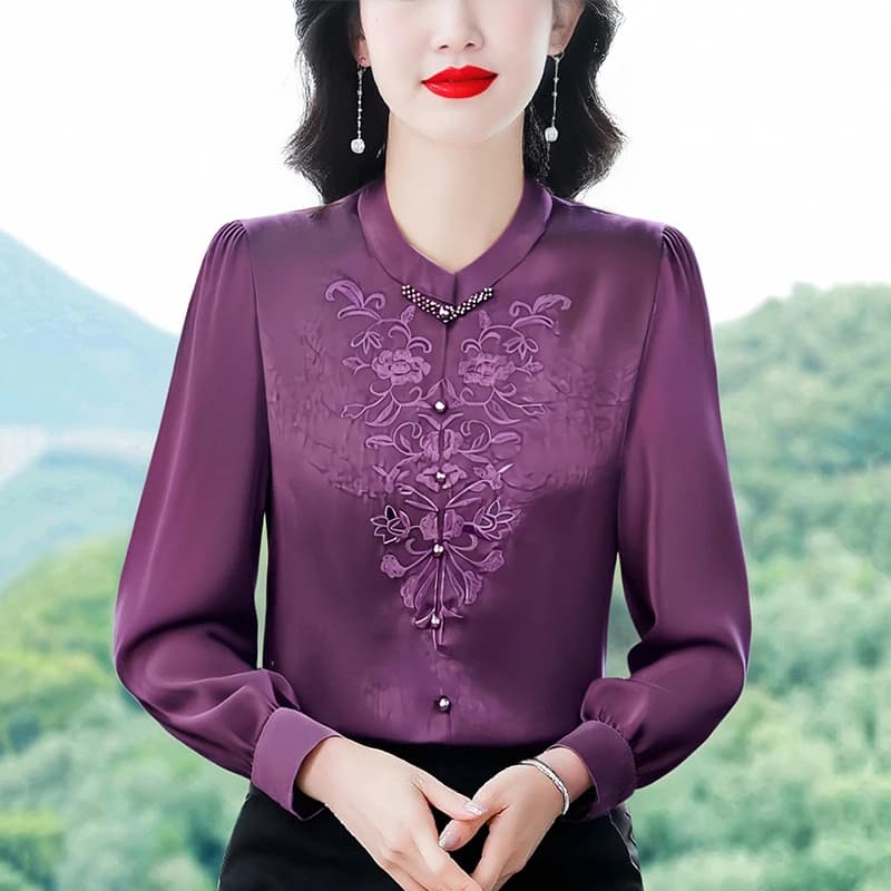 New Fashion Embroidered Jacquard Shirt Autumn 2025 Long Sleeved OL Shirt with Elegant Fashion Satin Buttons