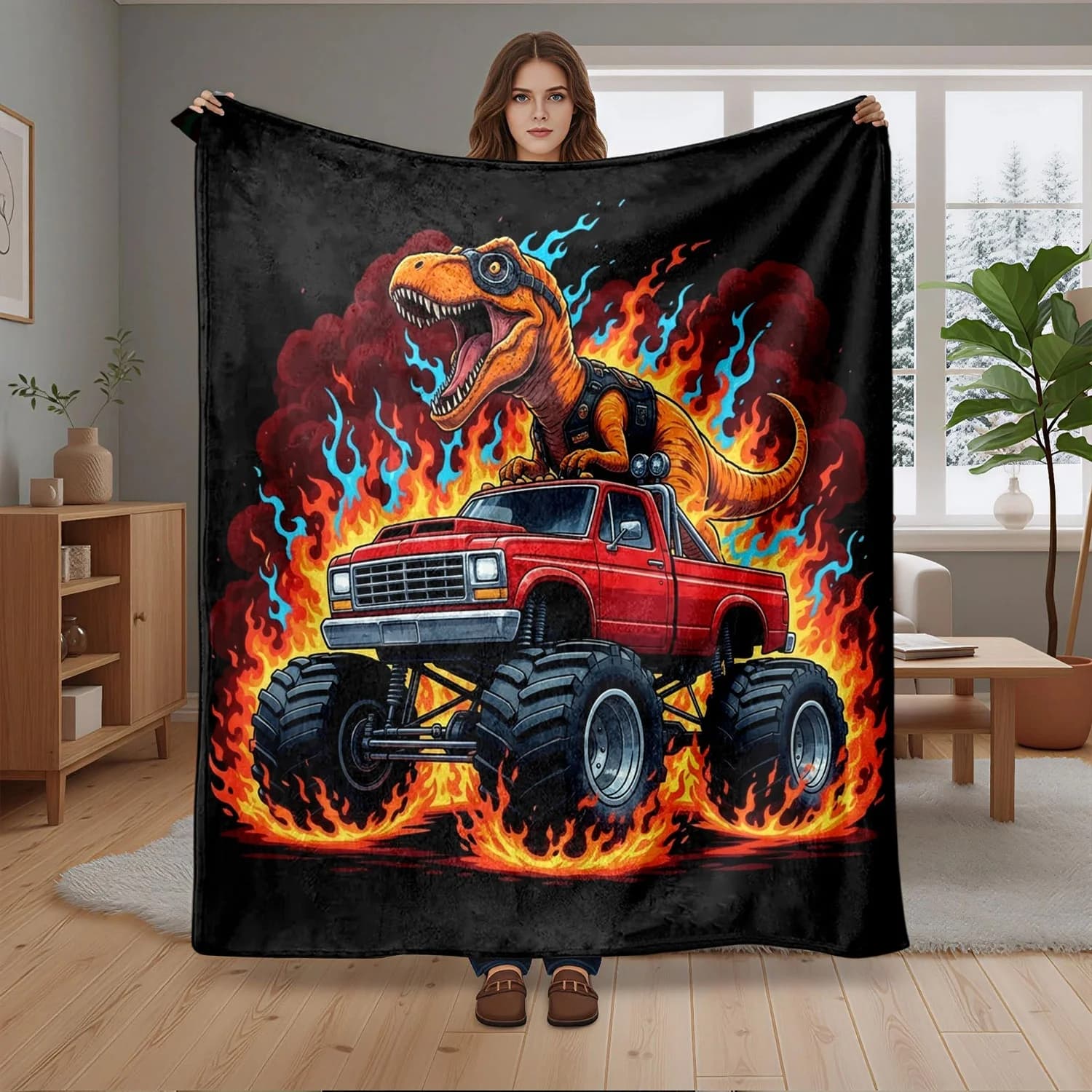 Dinosaur T Rex Truck Car Blanket Throw Gift for Men Boys Pop Culture Muscle Car Fleece Decor Novelty Art Plush Blanket