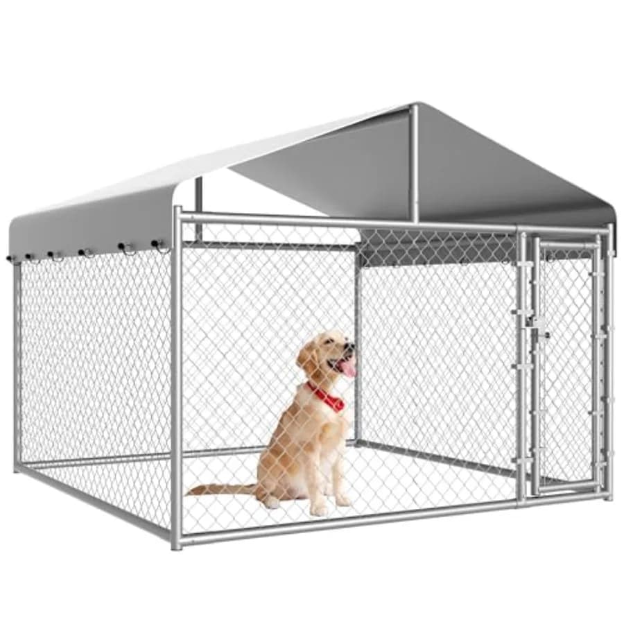 Recinto per Cani da Esterno Resistente con Tetto e Copertura Impermeabile, Recinzione Grande in Rete Zincata Nera con Chiusura Sicura