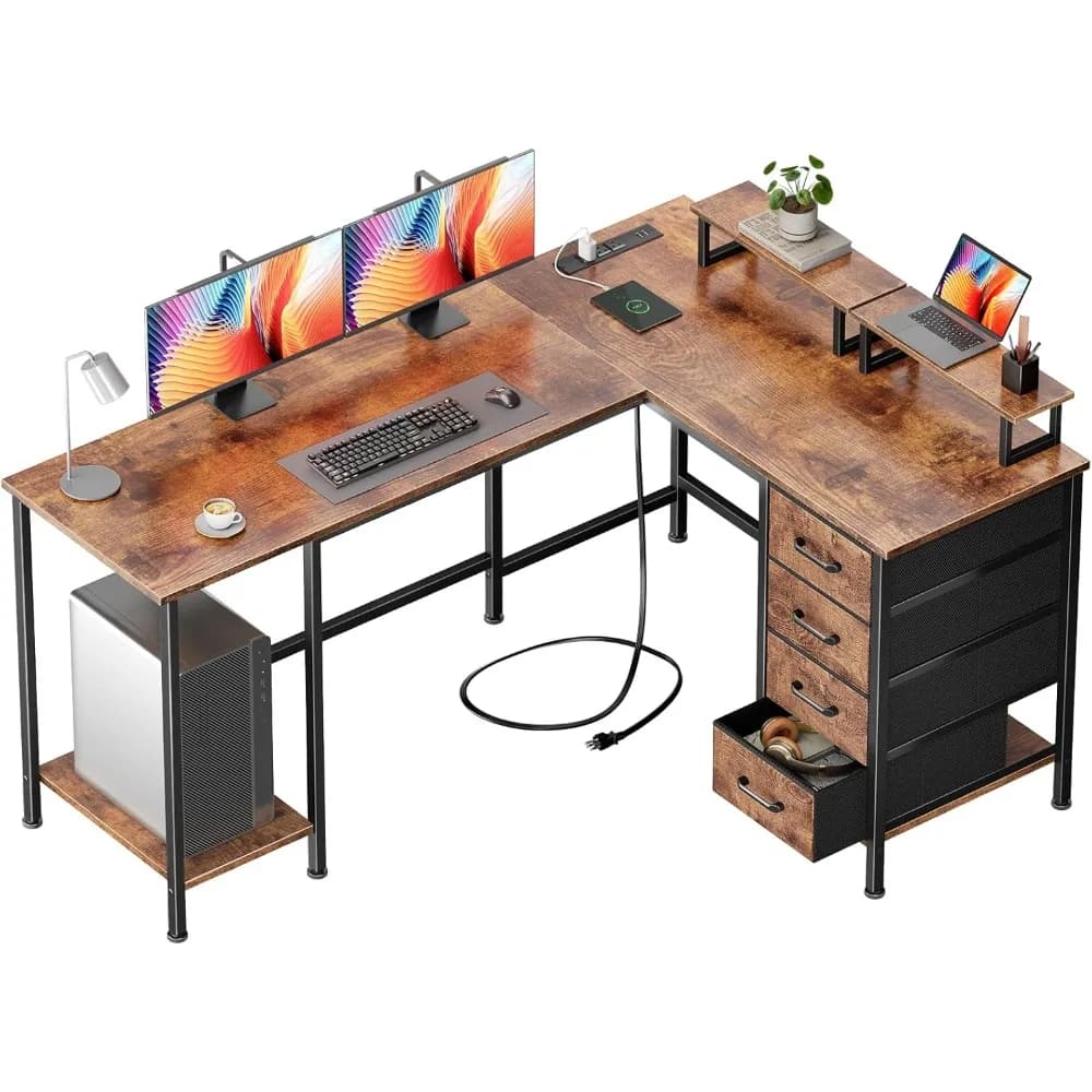 Scrivania a L con Prese Elettriche, Scrivania per Ufficio Domestico con 4 Cassetti Regolabili e 2 Supporti per Monitor, Personalizzabile