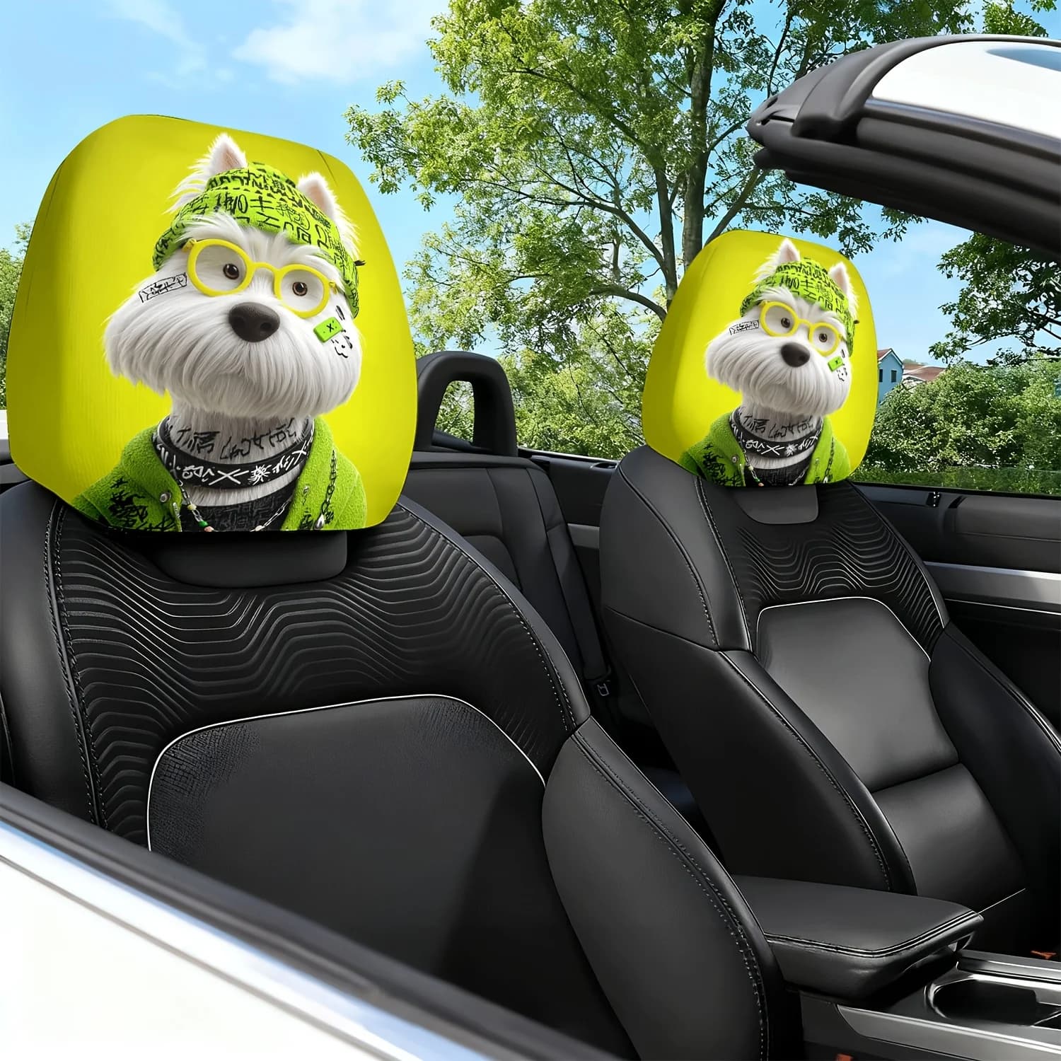 Coprisedili per auto con un tema di un cagnolino freddo dall'espressione severa - Decorati con un design carino - Perfetti per l'auto