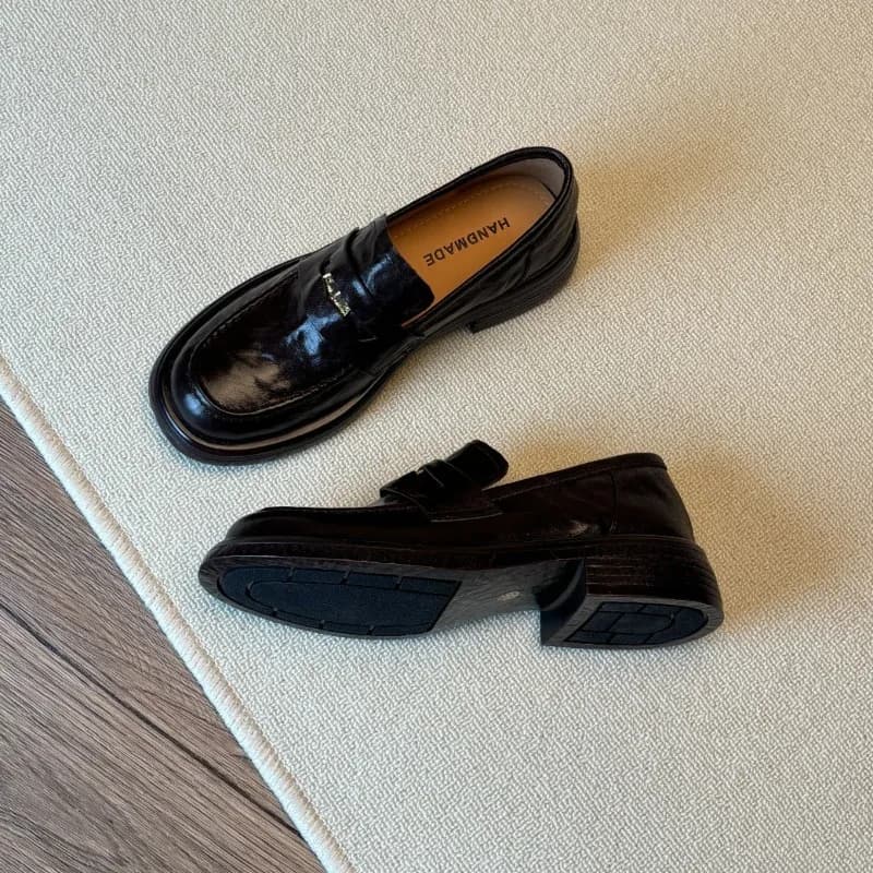 Mocassini Penny Vintage da Donna 2026 Primavera Punta Tonda Slip-On Tacco Grosso Scarpe Casual in Pelle per Donna Taglie Forti