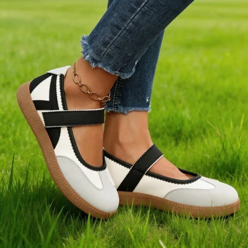 Black White Patchwork Mary Jane Sneakers Women Adjustable Velcro Strap Platform Non Slip Rubber Outsole Casual Walking Shoes