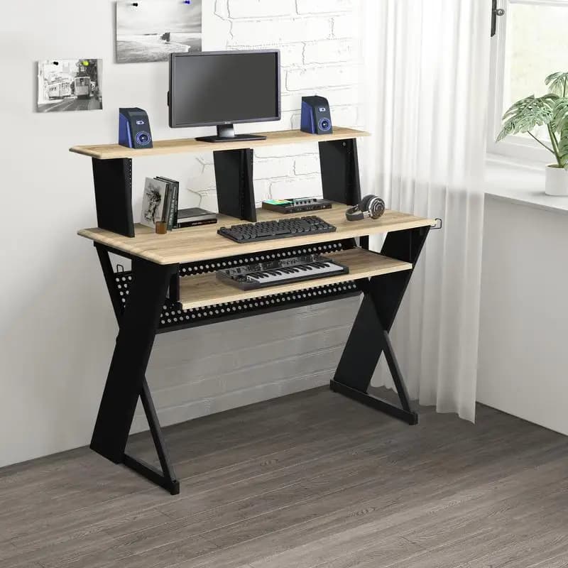 Scrivania musicale naturale e nera con soluzione per la gestione dei cavi