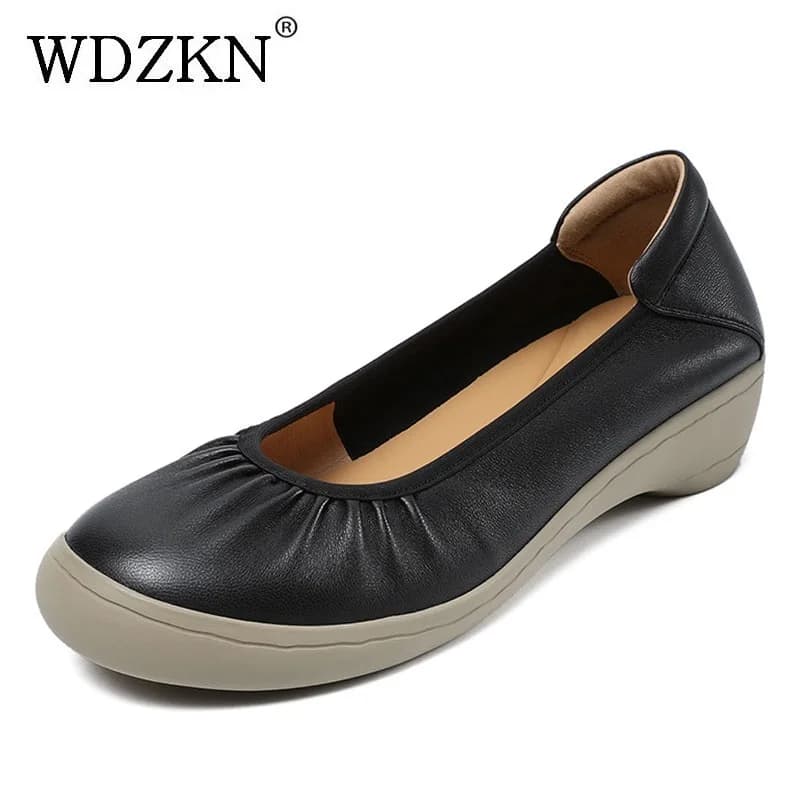 WDZKN Mocassini Slip-On da Donna con Tacco Medio a Zeppa in Vera Pelle di Pecora, Punta Rotonda, Comodi e Casual
