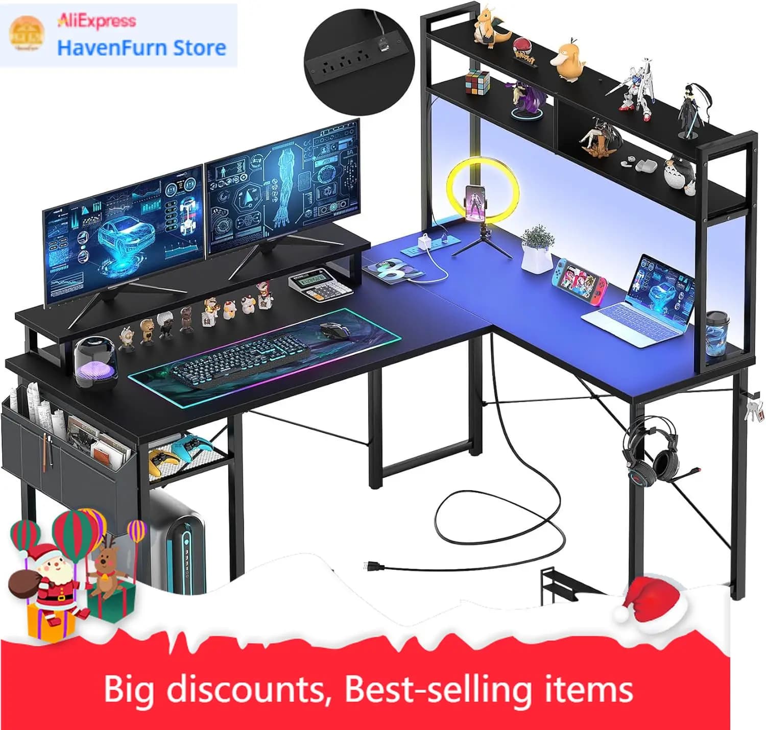 Small L Gaming Desk with LED Lights and Current Grips, L Computer Desk Reversible with Monitor Support and Storage shelf