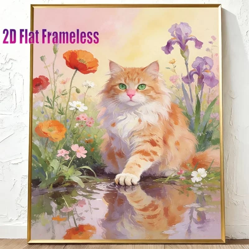 1 Set of Adult DIY Paint by Numbers Kit "Orange Cat in a Flower Stream" Including Acrylic Paints, Canvas, 3 Paintbrushes, and In