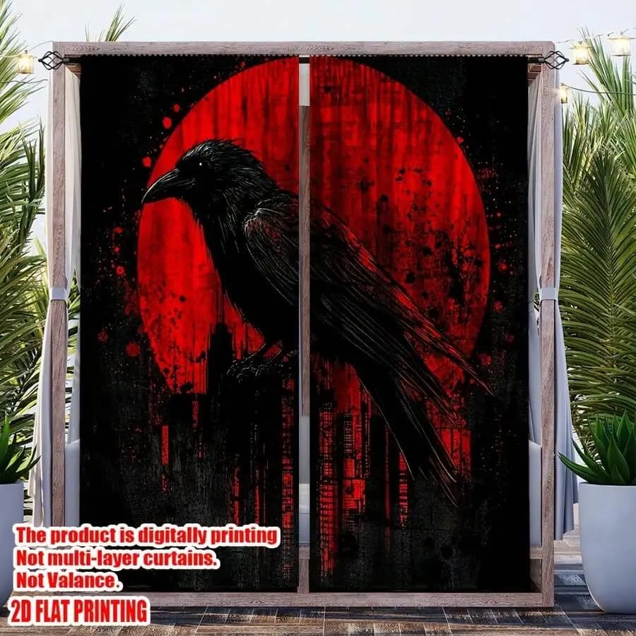 2D Flat Printed Black Crow On Red Moon Curtains, Semi-Transparent Rod Pocket Panels For Halloween Decor
