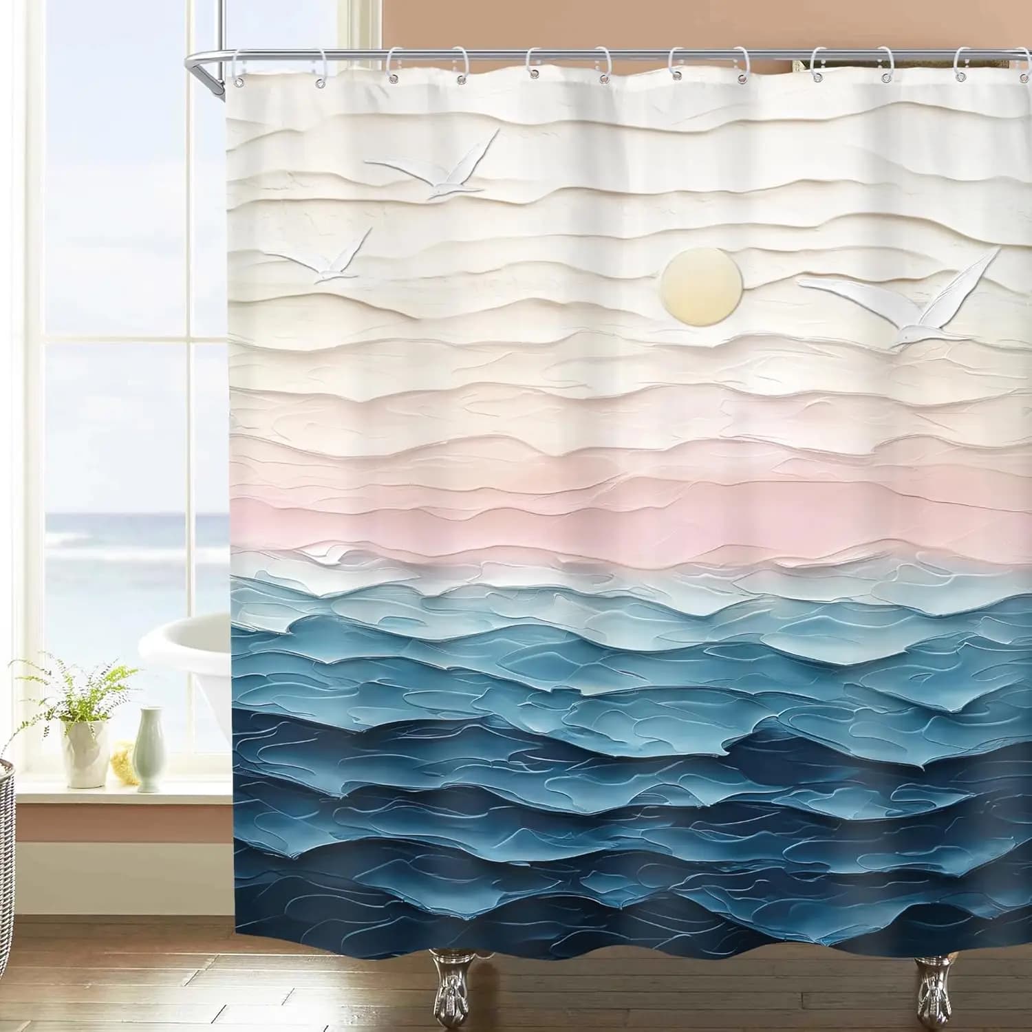 Tenda da doccia astratta blu spiaggia pittura a olio oceano mare onda rosa giallo tramonto alba estate Hawaii scenario natura tessuto