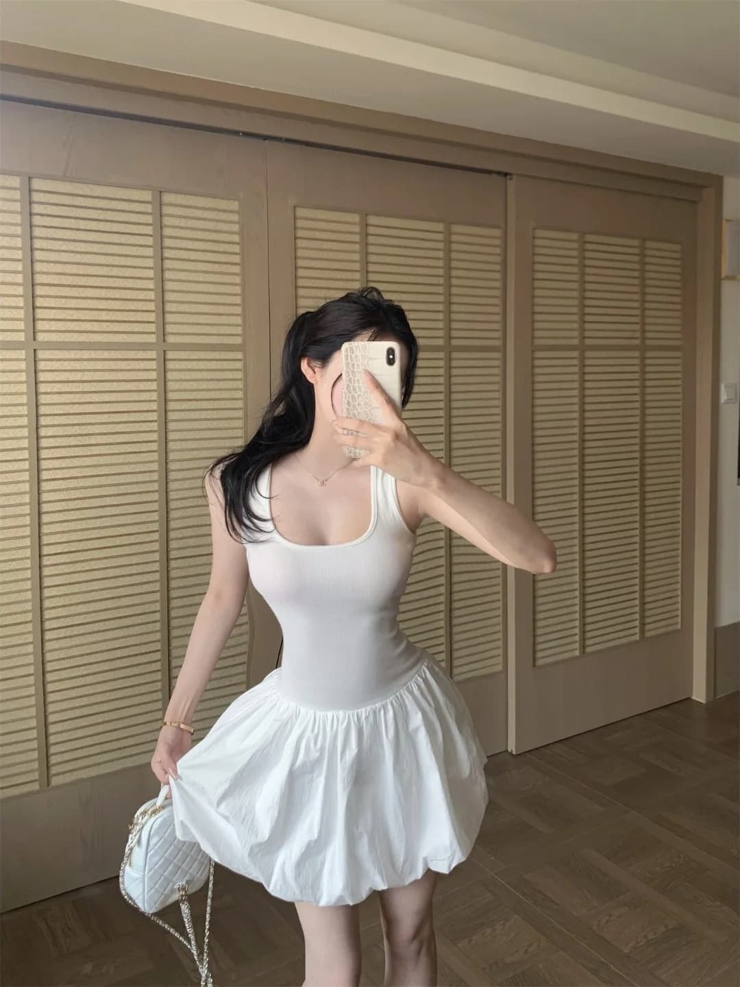 Ballet Style Sleeveless V-Neck Backless Dress Women's White Slimming Waist Cake Skirt Flared Skirt Summer City Commute Casual