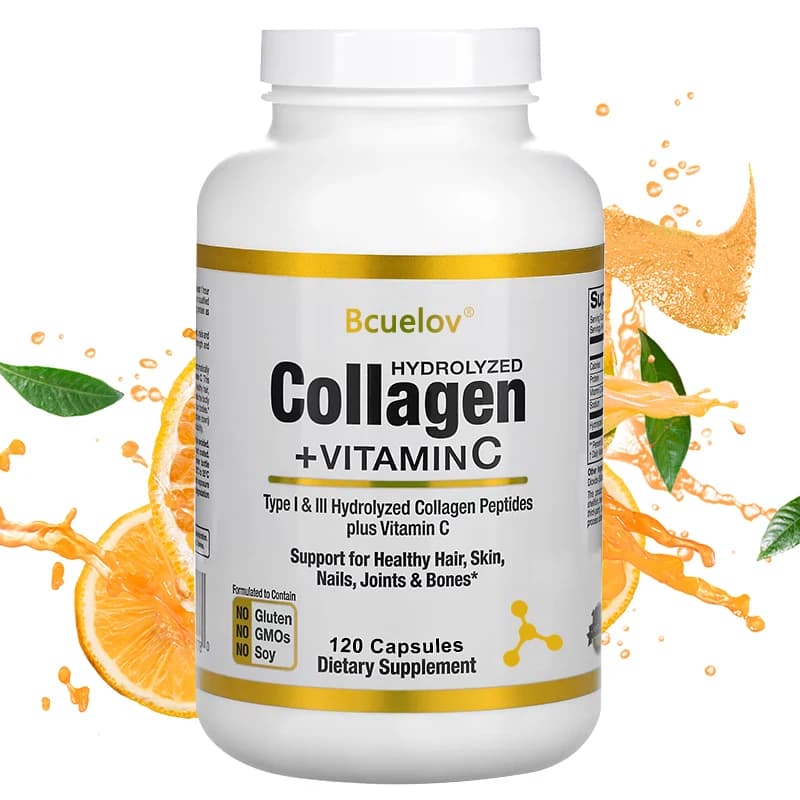 Hydrolyzed collagen capsules: support supplement for hair, skin and nails, promotes the health of joints and bone, types of collagen I and III