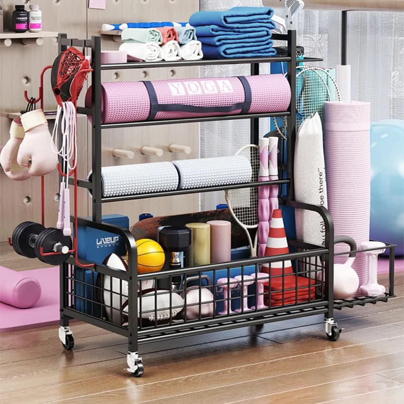Portaoggetti per attrezzature sportive per garage, organizer per giocattoli per bambini con filo metallico resistente, con gancio per cestino, supporto per carrello con palline per tappetino da yoga