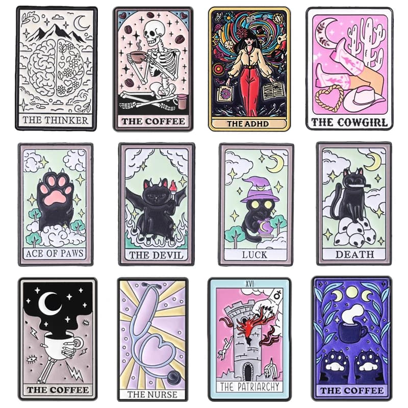 Witch Black Cat Tarot Card Enamel Pins The Thinker ACE OF PAWS DEATH LUCK Devil Kitten Paw Brooches Lapel Badge Jewelry Gifts