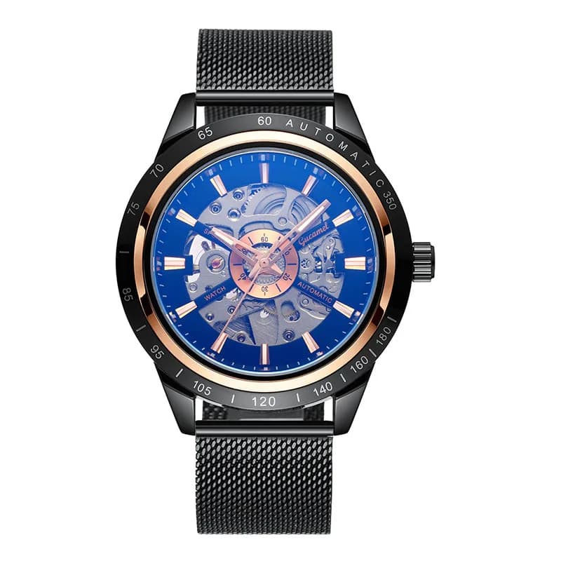 Orologio meccanico da uomo completamente automatico, orologio con cinturino in rete intrecciata, orologio da uomo luminoso e scheletrato