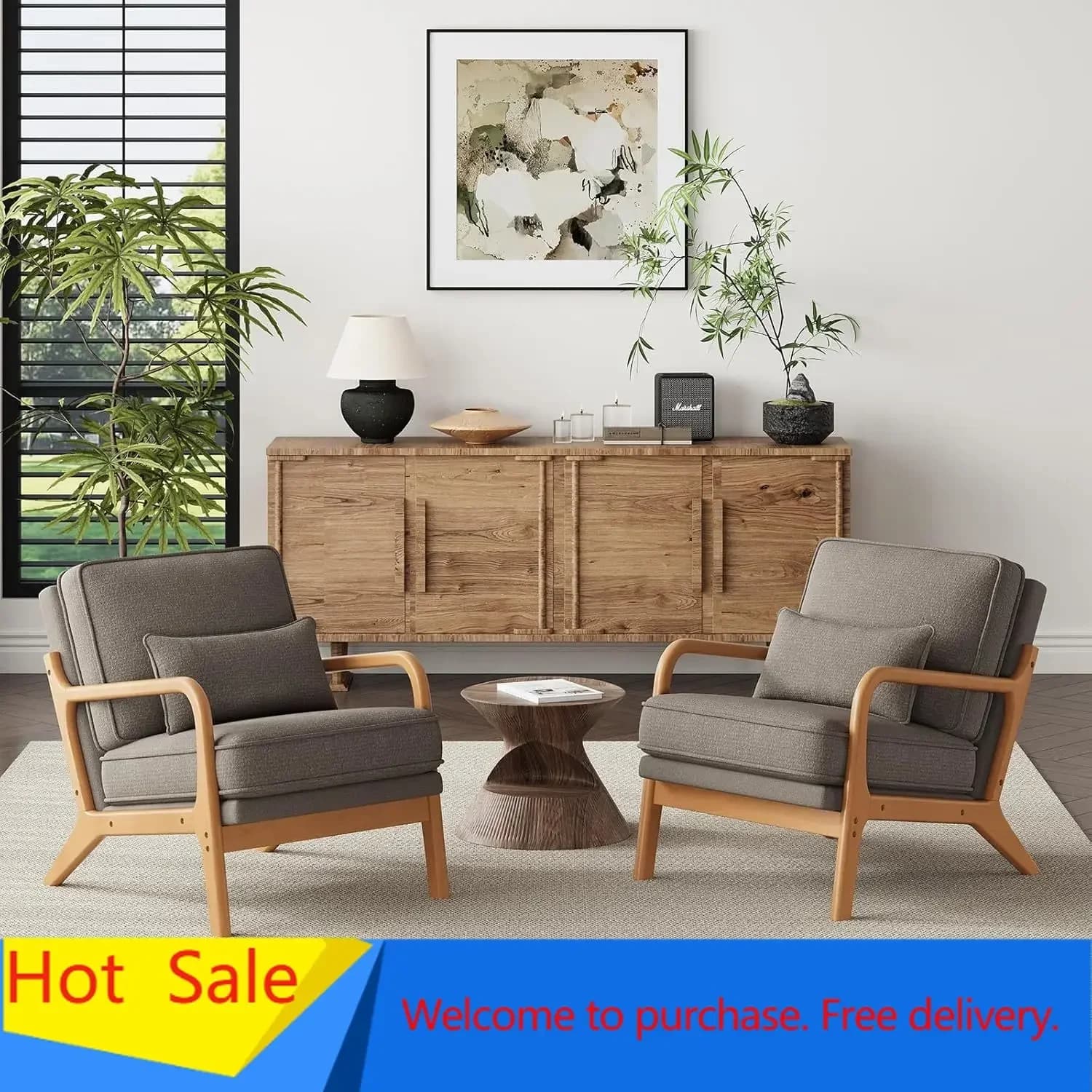 Accent Chair Set of 2 with Solid Wood Frame, Mid-Century Relaxing Armchair Lumbar Pillow& Soft Cushion, Reading Leisure Chair fo