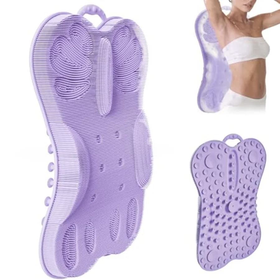 Spazzola per la schiena da doccia a parete per donna, XXL, in silicone viola, con supporto per la schiena, antiscivolo, per massaggio e scrub corpo