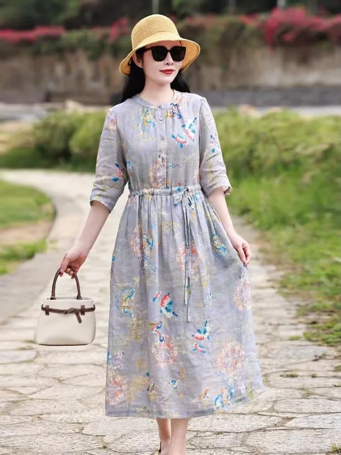 High-End Hemp Floral Print Short Sleeve Women's Dress Korean Style Comfortable Cotton Linen Material Summer New Arrival