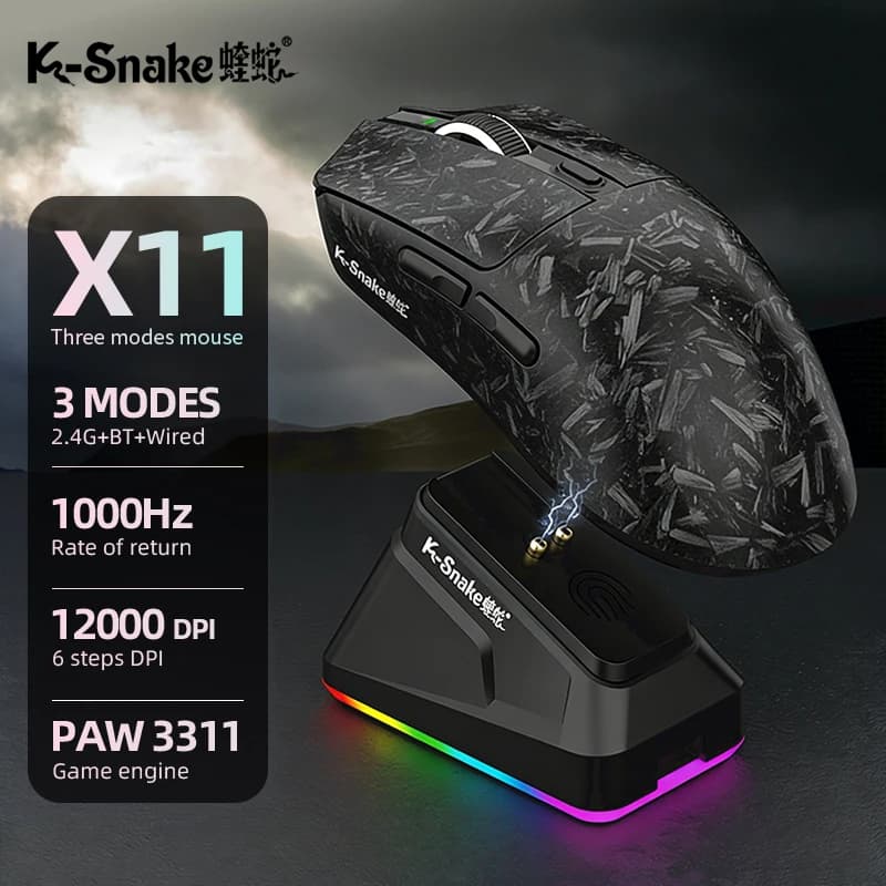Mouse da gioco wireless Bluetooth K-Snake X11PM, 12000 DPI, frequenza di scansione di 1000 Hz, sensore PAW3311, base di ricarica magnetica