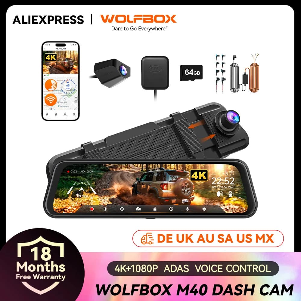 WOLFBOX M40 Dash Cam 4K + 1080P con controllo vocale ADAS Videoregistratore WI-FI e GPS integrato da 5 GHZ Telecamera da cruscotto anteriore e posteriore