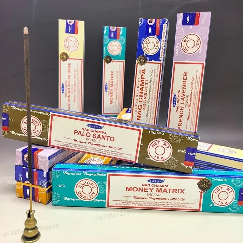 Confezione di incenso Satya originale da 6 o 12 scatole, bastoncini di incenso naturali con profumazioni di Sandalo, Salvia Bianca, PALO SANTO, NAGCHAMPA