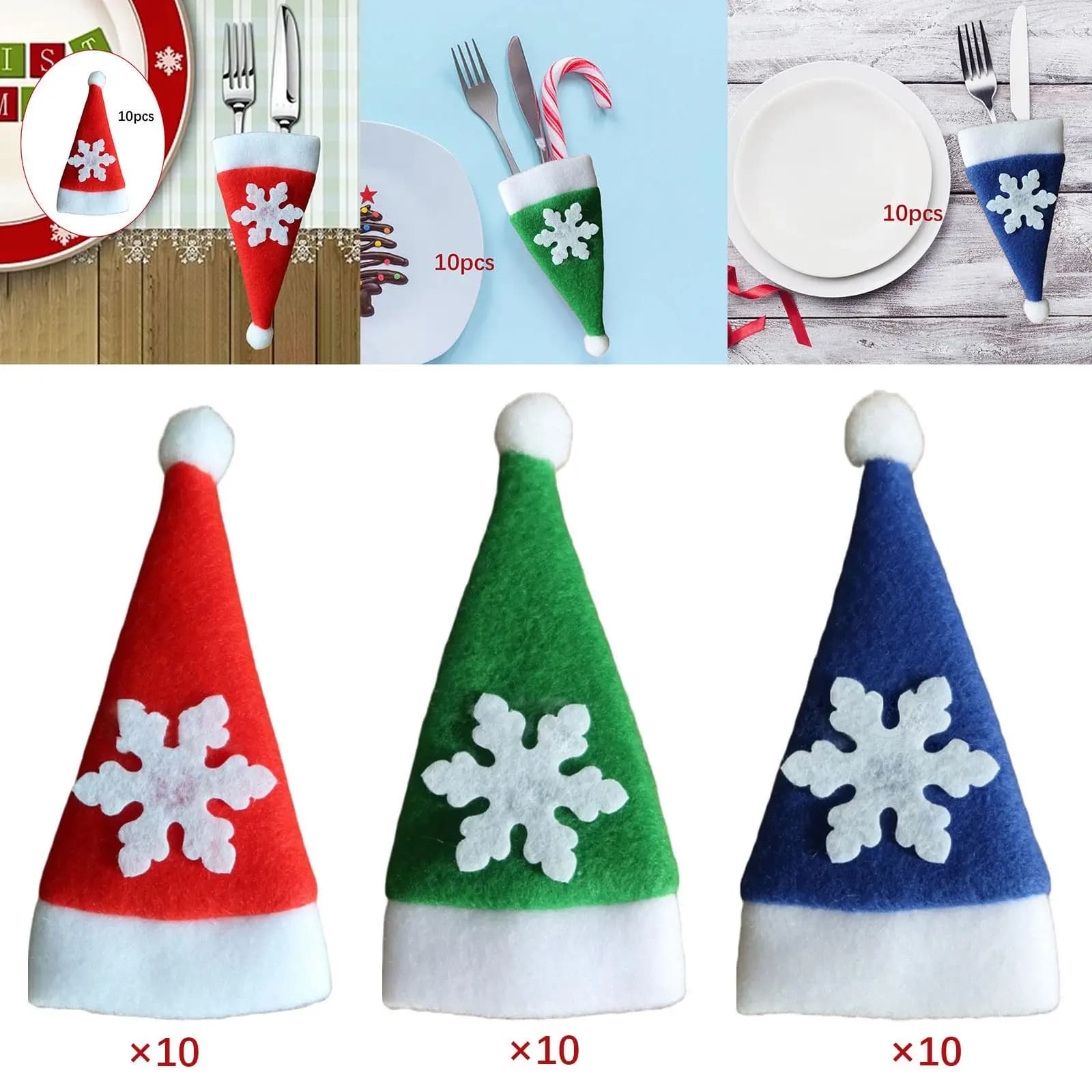 10 pieces Christmas pouch with Santa Claus hat, mini ornament, cutlery, bottle cap for weddings, Christmas holidays