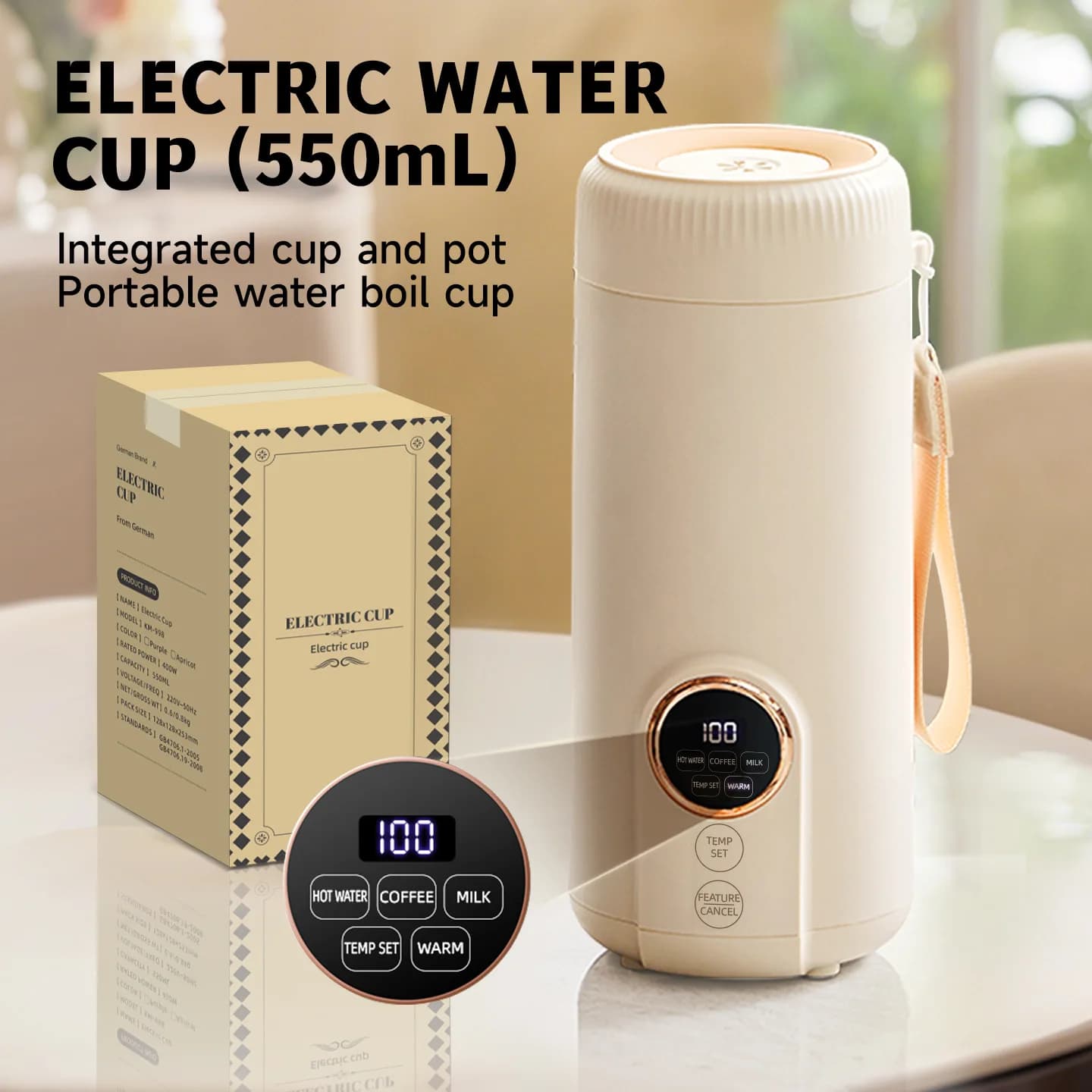 Nuovo Bollitore Elettrico Intelligente con Display LED Digitale, Tazza Riscaldante Portatile da 550ml, Piccolo Bollitore da Viaggio con Isolamento Termico