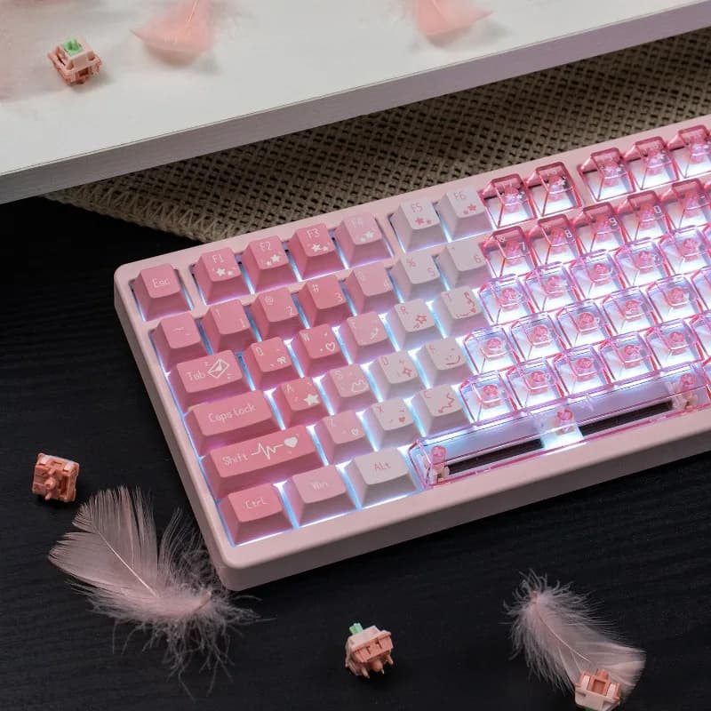 Set di copritasti rosa sfumato Copritasti con profilo in ciliegio trasparente sfumato per tastiera meccanica Copritasti ibridi per PC PBT da 150 tasti