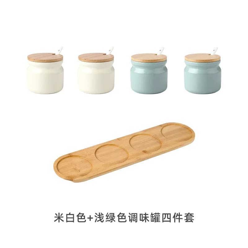 Nordic Ceramic Seasoning Jar Set With Bamboo Lid And Spoon Kitchen Spice Storage Container With Tray