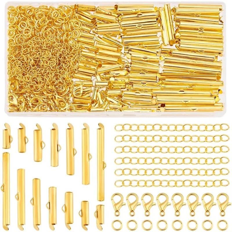 1Box 580pcs Tube Slide Clasp Kit Gold Beading Slide Tube Cord Ends with Jump Rings Lobster Claw Clasps Chain Extender Buckle