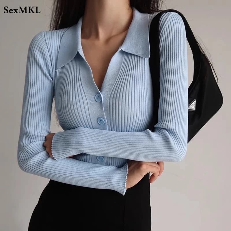 Bottoni Sexy con scollo a V cardigan rosa donna maglione autunno inverno manica lunga Crop top donna Slim vestiti coreani Sueter Mujer