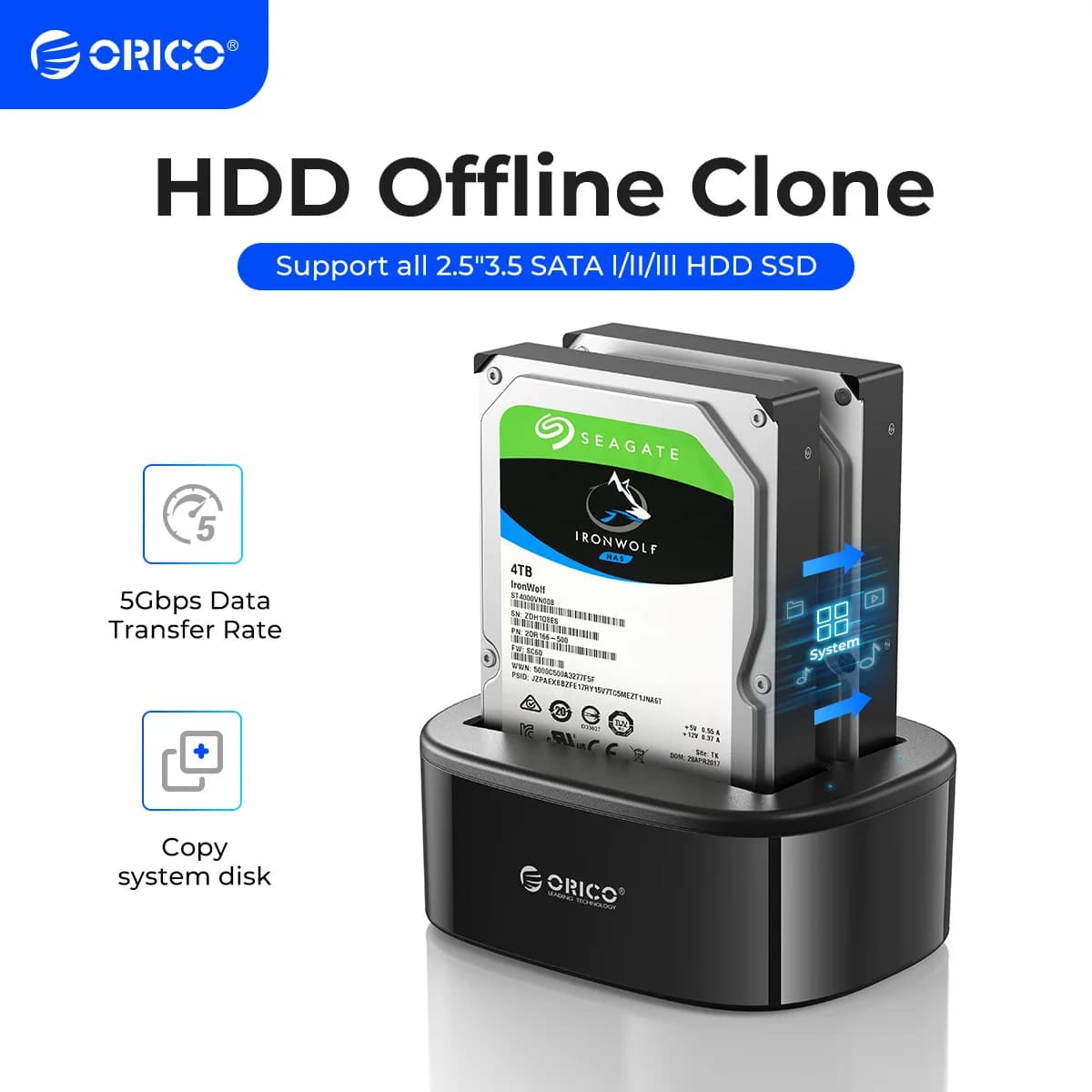 Docking Station ORICO Dual Bay HDD con Clone Offline da SATA a USB 3.0 Docking Station Clone HDD per custodia HDD SSD da 2.5/3.5''