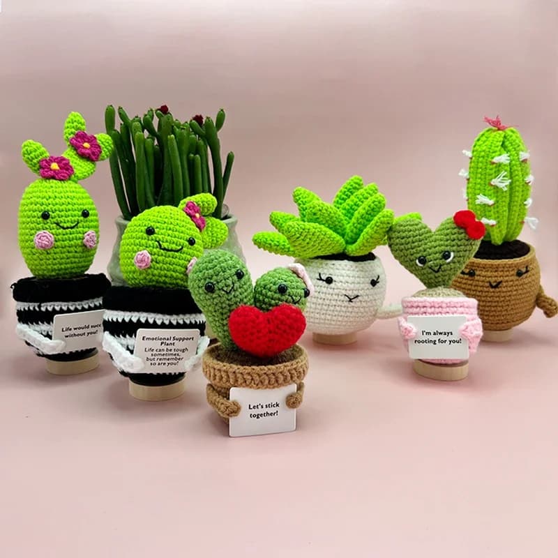 Mini cute hand-finished crochet flowers with cactus roses potted bouquets handmade desktop decorations