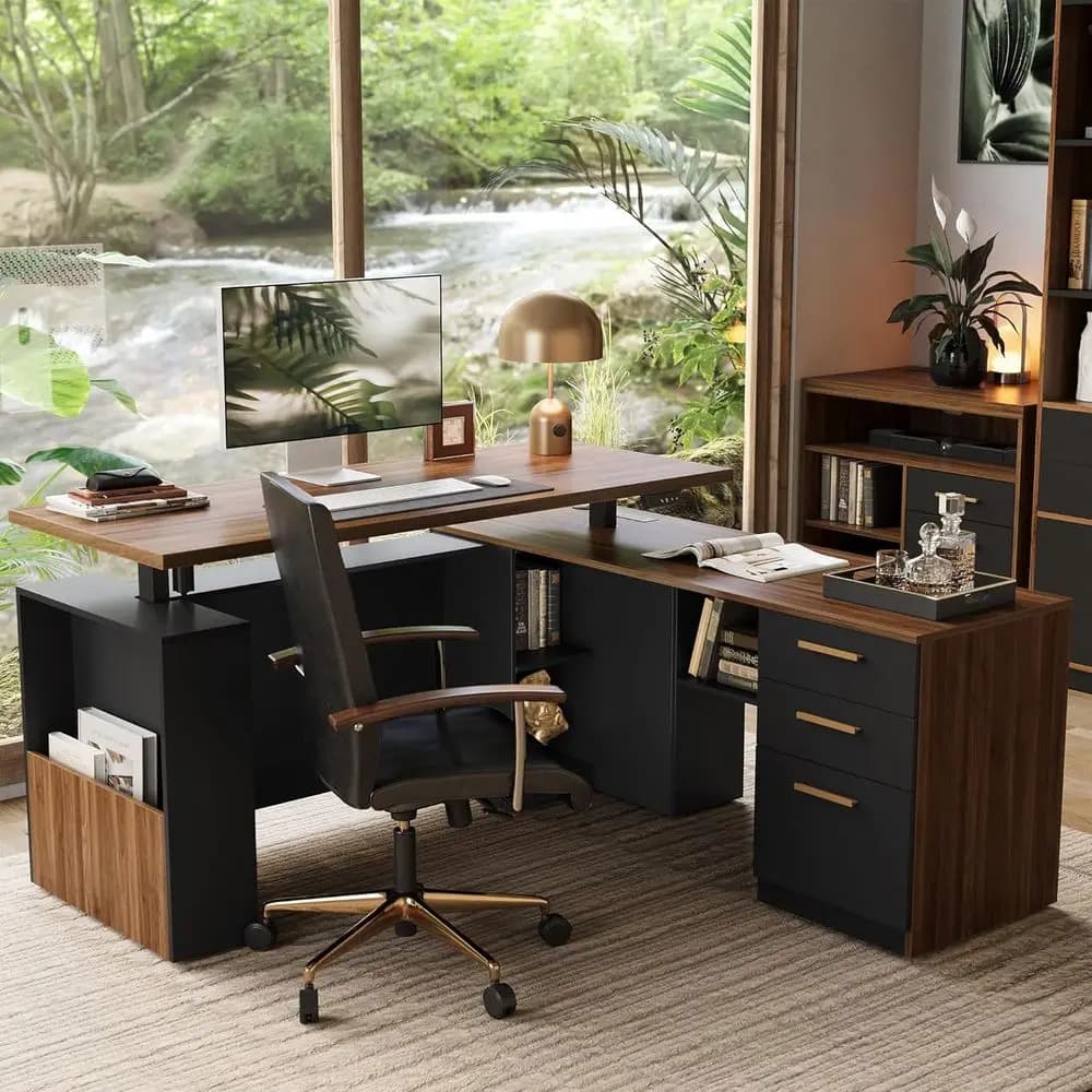Scrivania Elettrica Regolabile a L per Dirigenti con 3 Cassetti, Gestione Cavi, Pannello Privacy, Porte AC/USB, Spessore 1,18 Pollici