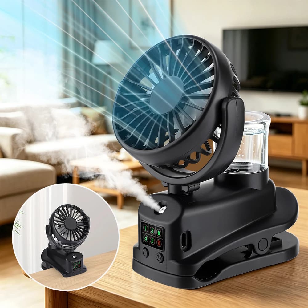 Ventilatore Portatile con Clip, Ventilatore da Tavolo Ricaricabile, Ventilatore Elettrico da Soffitto Senza Fili, Mini Ventilatore con Nebulizzatore e Umidificatore, Ventilatore con Clip Rotante