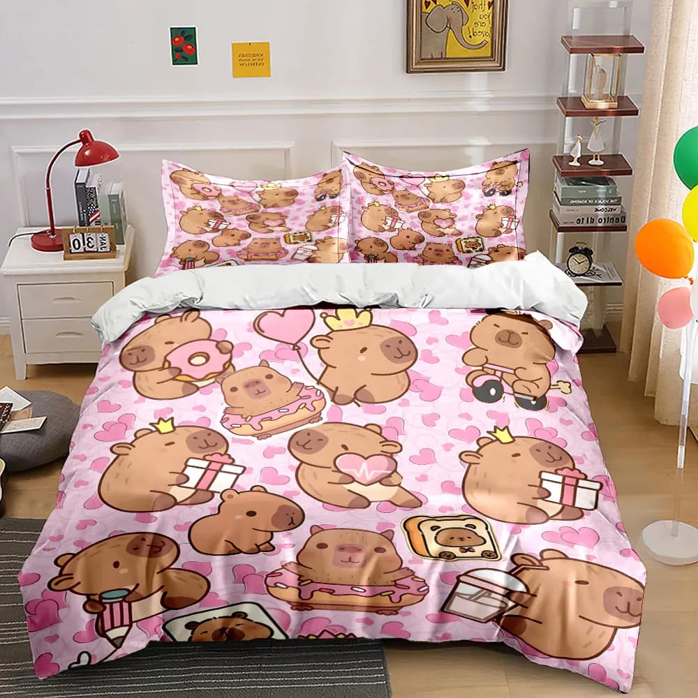 Cute cartoon capybaras with sweet vibes Printed Duvet Cover Set1 Duvet Cover+2 PillowcaseMulti Size Bedroom Bedding Decoration