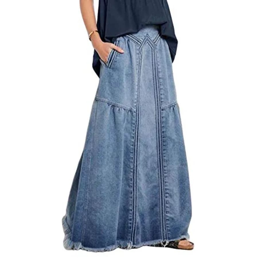 ebossy Women's Casual Elastic Waist Frayed Hem A-Line Distressed Hippie Long Maxi Denim Skirt