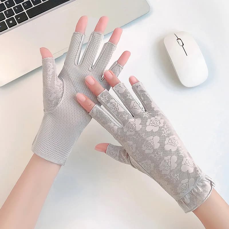Half-finger gloves for women, thin, elastic, lace, driving, sun protection, anti-slip, breathable, manicure, finger-exposing